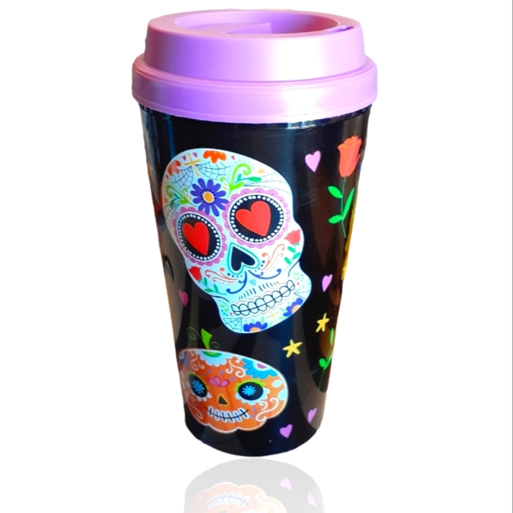 GROOVY GLAM Day of the Dead Sugar Skull Travel Tumbler with Purple Lid